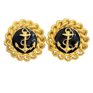Gold Tone Black Enamel Anchor Nautical Rope Edge Designer Style Earrings, M255